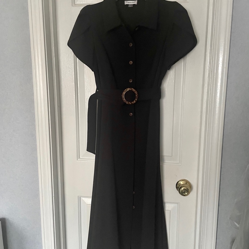 Calvin Klein Black Button-Front Maxi Dress with Statement Belt and Tulip Sleeves